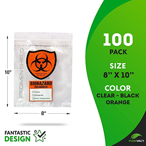 Image of Biohazard Specimen Bags, 8 x 10 Inches. Pack of 100 Clear Biohazard Bags. 3-Wall Polyethylene Speciman Bag, 2 Mils. Waterproof Plastic Bag with Pull-to-Tear Zipper and Orange Hazard Sign