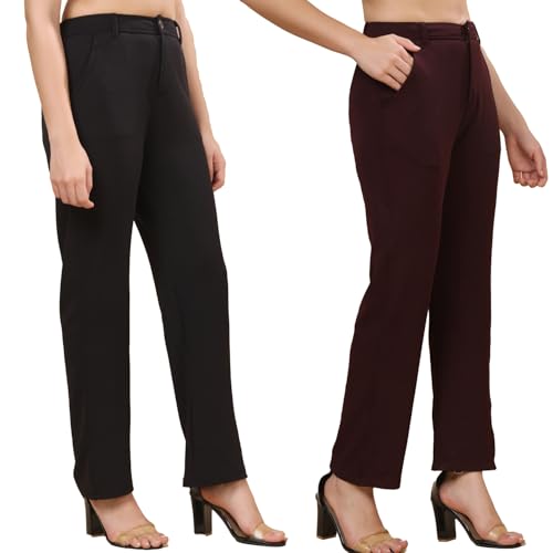 Image of Pack of 2 Women's Regular Fit Solid Cotton Blend Trousers - Soft, Breathable & Stretchable Bottom Wear for Office, Casual Outings & Daily Comfort