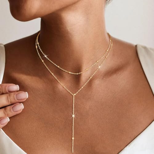 BERISO Y-Shape Gold Necklace for Women - 14K Gold Plated Minimalist Pendant Chain Jewelry, Elegant Gift for Anniversary2