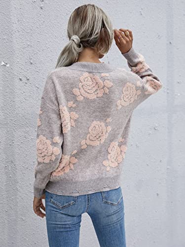 Floerns Women's Floral Casual V Neck Long Sleeve Drop Shoulder Pullover Tops Grey L #TOP1