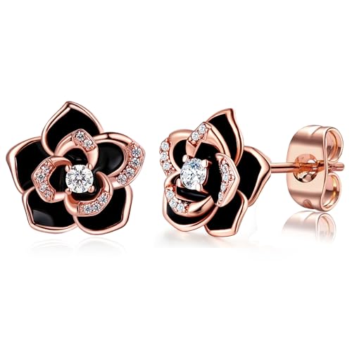 14K Gold Rose Flower Sterling Silver Stud Earrings For Women Dainty Rose Gold Pearl Earrings Hypoallergenic Earrings Cute Studs For Her Nickel Free