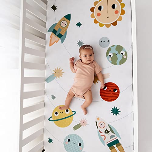 Rookie Humans 100% Cotton Sateen Fitted Crib Sheet: Space Explorer. Modern Nursery, Use As A Photo Background For Your Baby Pictures. Standard Crib Size (52 X 28 Inches) #TOP2