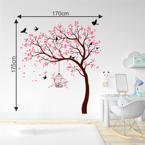 Image of Rawpockets Tree with Birds and Cage(PVC Vinyl) Self Adhesive WallSticker (Pink)