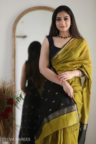 Image of ZECVA Women's Pure Soft Spun Cotton Lichi Silk Saree For Women With Attach Unstitch Blouse Piece