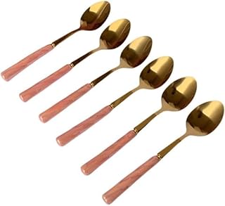 Happy Home Set of 6 Grapefruit Spoons with Round Serrated Edges, Stainless Steel Serrated Spoon with Multicolor Ceramic Handle, Kiwi Apple Citrus Fruit, Dessert Spoon Sets (Gold*Pink)