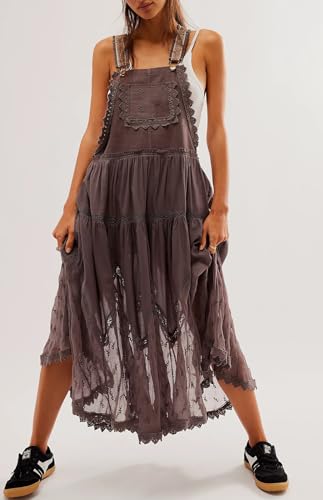 Women's Casual Lace Embroidered Maxi Dress Adjustable Strap Pleated Tiered Swing Long Dress with Pockets3