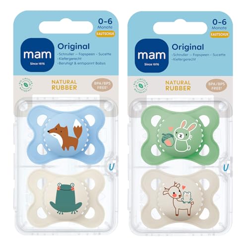 MAM Original // LATEX // Naturkautschuklatex Schnuller 0-6 // 4er Set Uni // inkl. 2 Sterilisiertrasportboxen