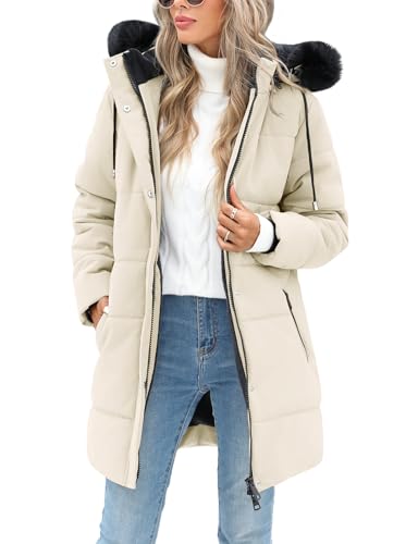 Tuopuda Winterjacke Damen Jacke Winter Warm Winterparka Gefüttert Mantel Parka Lang Wintermantel Elegant Wasserabweisend Outdoor Wasserdicht, Beige, XL