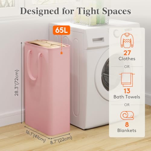 Image of Lifewit Slim Collapsible Laundry Basket with Handles, 65L, Pink
