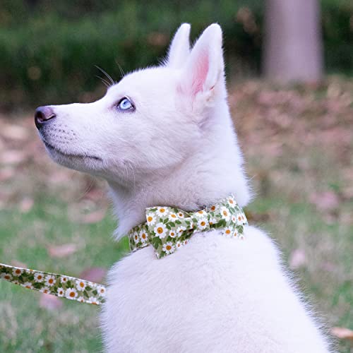 Image of Tunkoo Dog Collar Floral with Elegant Bow Tie Soft Comfy Cotton Adjustable Collar, Premium Metal Buckle for Puppy and Cat Small Medium Large（Green flowers，S）