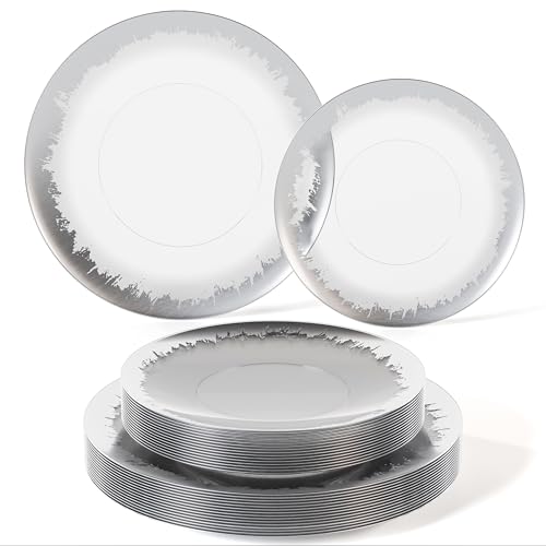 Trendables Disposable Plates For Party Supplies | Silver Rimmed Plastic Plates With Silver Rim 200 Pcs - 100 x 8 Dessert Plate & 100 x 10 Dinner Plate Sets | Disposable Plastic Dinnerware Sets