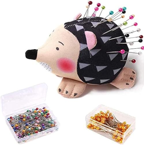 Amerson Cojín con forma de erizo, bonito kit de costura, accesorios, soporte de cojines de aguja con 200 cabezales de bola de colores, pines de tela rectos para joyas, acolchado, manualidades (negro)