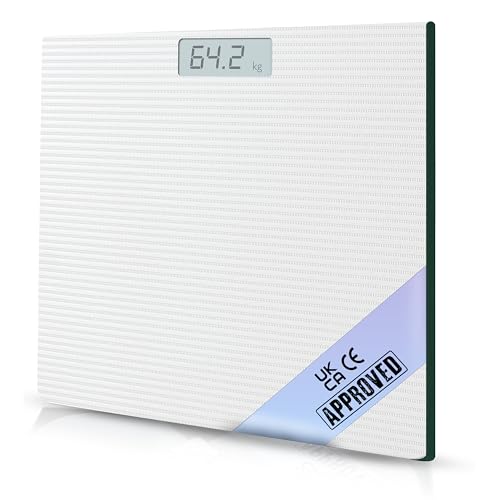 PUREFIT Digital Bathroom Scales for Body Weight - Ultra Slim Weighing Scales with High Precision Sensors, LED Display, Tempered Glass & Step-On | 2XAAA Batteries Included LB/KG/ST Max Weight 180KG