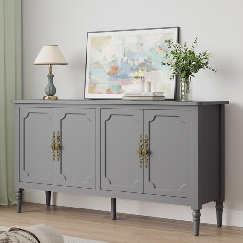 Image of FansaFurn 58'' Large Sideboard Buffet Cabinet with 4 Doors, Modern Credenza Buffet Table for Coffee Bar, Storage Cabinet for Dining Room Living Room, Grey