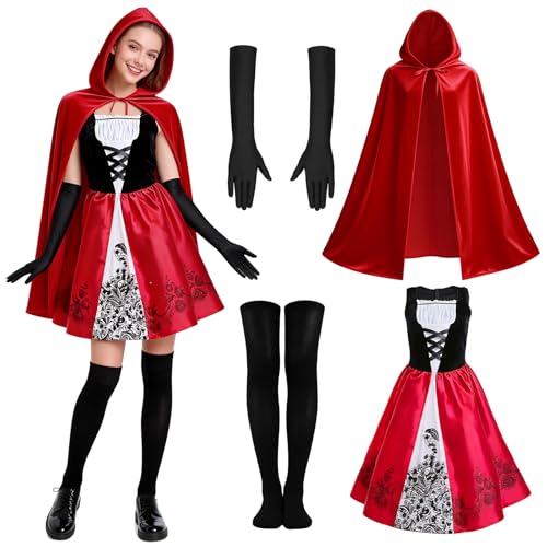 Qottmez Damen Rotkäppchen Kostüm, Rotkäppchen Halloween Weihnachten Party kleid mit Umhang, Armstulpen, Kniestrümpfe für Karneval Fasching...
