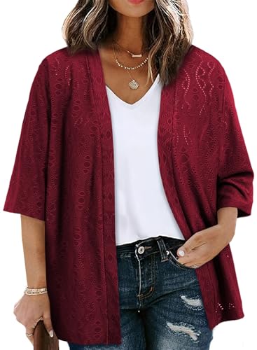 Image of Eytino Plus Size Cardigan for Women Half Sleeve Knitted Jacquard Summer Kimono Cover up Tops(1X-5X)
