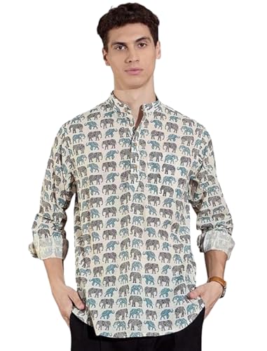 Image of DEELMO Men's Cotton Blend Printed Long Sleeve Short Kurta | Stylish Casual & Ethnic Wear | Comfortable Mandarin Collar Kurta for Daily, Festive & Party Outfits