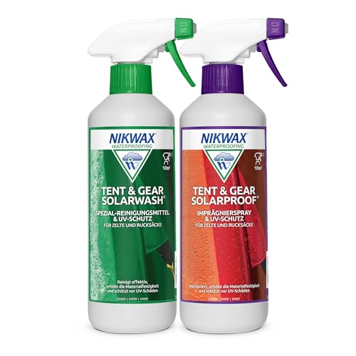 Nikwax Tent & Gear SolarWash und Tent & Gear SolarProof Doppelpack 2 x 500ml, Zeltreiniger und Imprägnierspray für Camping, mit UV-Blocker, für synthetische wetterfeste Textilien