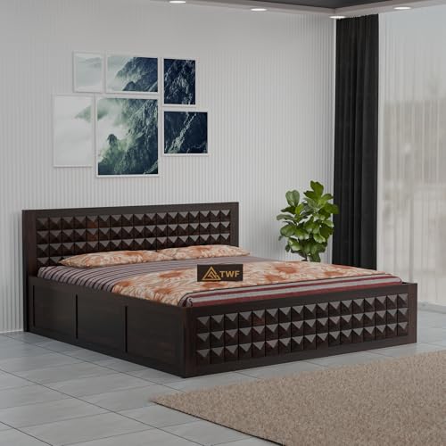 Image of Solid Sheesham Wood Queen Size Bed with Storage Box | Wooden Double Bed for Bedroom | Diamond Design Double Bed Cot Palang for Home | Rosewood, Walnut Finish