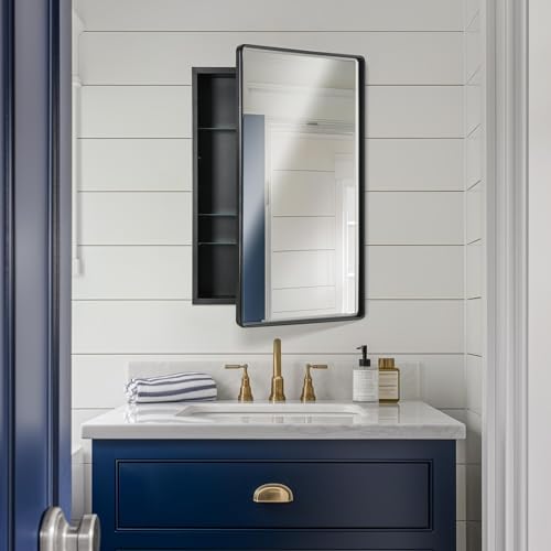 Head West Black Metal Medicine Cabinet Beveled Mirror, Bathroom Wall Mount Storage Organizer with Glass Shelves - 24" x 36"