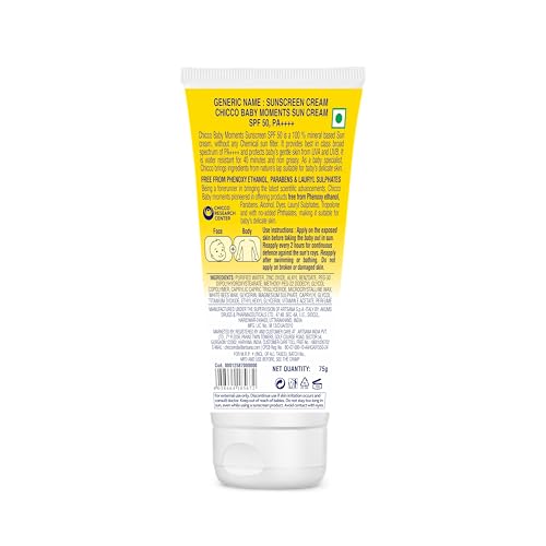 Image of Chicco Baby Moments Mineral Sun Cream SPF 50 for Babies, 75g| 100% Mineral Sunscreen | PA++++ | UVA and UVB Protection | Phenoxyethanol, Parabens & Lauryl Sulphates Free