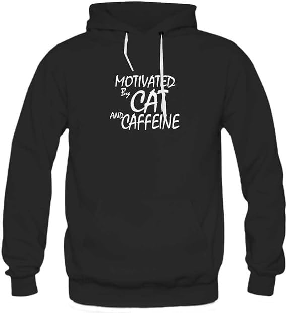 Motivated by cat And Cafffeine Hoodie Print On Black Pullover hooded Sweatshirt