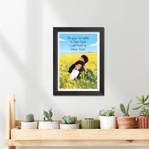 Image of TenorArts Dilwale Dulhania Le Jayenge Poster Bollywood Movie Vector Art Vector Art Posters Photo Framed Painting With Black Wooden Textures (12inches x 9inches)