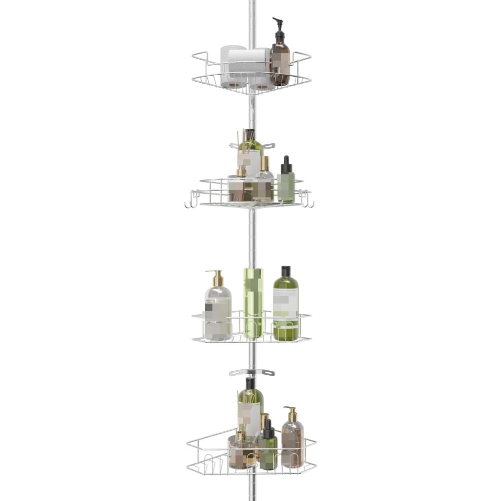 Corner Shower Caddy with Tension Pole 4 Adjustable Storage Baskets Space-Saving Shower Organizer for Bathroom Chrome