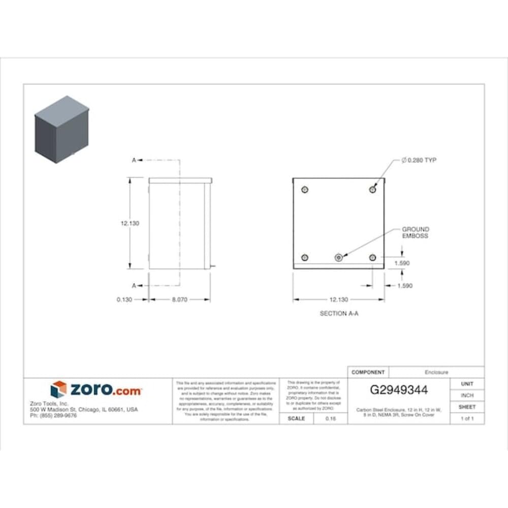 Wiegmann RSC121208 RSC-Series NEMA 1/3R Wall-Mount Enclosure with Lift-Off Screw Cover and Knockouts, Carbon Steel, 12" x 12" x 8"