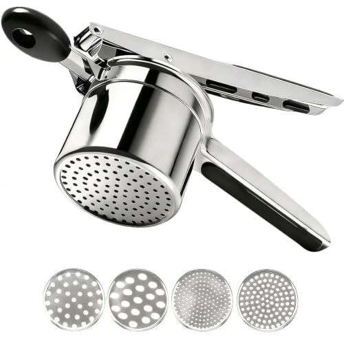 Potato Ricer Stainless Steel, 15 oz Heavy Duty Potato Masher with 4 Interchangeable Discs, Large Capacity Smooth Mashed Potatoes Press, Easy to Clean Kitchen Tool