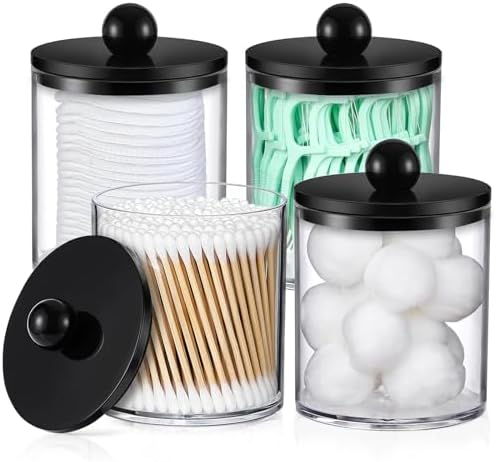 4 Pack Acrylic Qtip Holder Dispenser for Cotton Swabs, Balls, Pads, Floss - Plastic Canister Apothecary Jar Set, Bathroom Essentials Accessories Decor Vanity Makeup Storage Organizer - Clear & Black — view 8