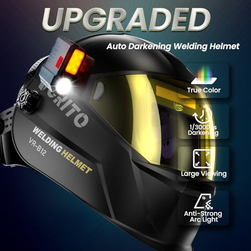 Image of Large View True Color Auto Darkening Welding Helmet with LED Light - Solar Powered, 4 Arc Sensors, 1 /1 /1 /1 Optical Clarity, Wide Shade 4 /5-13 for TIG MIG ARC Grind