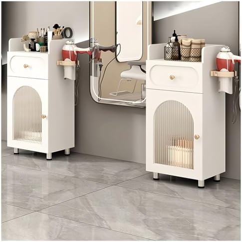 White Hair Storage Cabinet with Glass Door & Dryer Holder, Salon Barber Station Organizer with Drawer, Beauty Spa Tattoo Storage Unit (37x30x85cm)