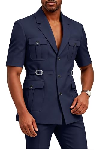 HUUTOE African Men Suits Dashiki Jacket & Pants 2 Piece Set Short Sleeve Outfit Nigerian Wedding Attire Clothing Big and Tall Navy Blue 3XL Black Button