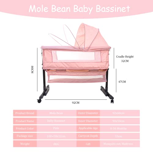 Baby Bassinet Bedside Sleeper, 3 In 1 Bedside Crib With Storage Basket, Easy To Assemble Baby Cradle, With Wheels, Adjustable Height, Mattress, Mosquito Nets(Pink) #TOP5