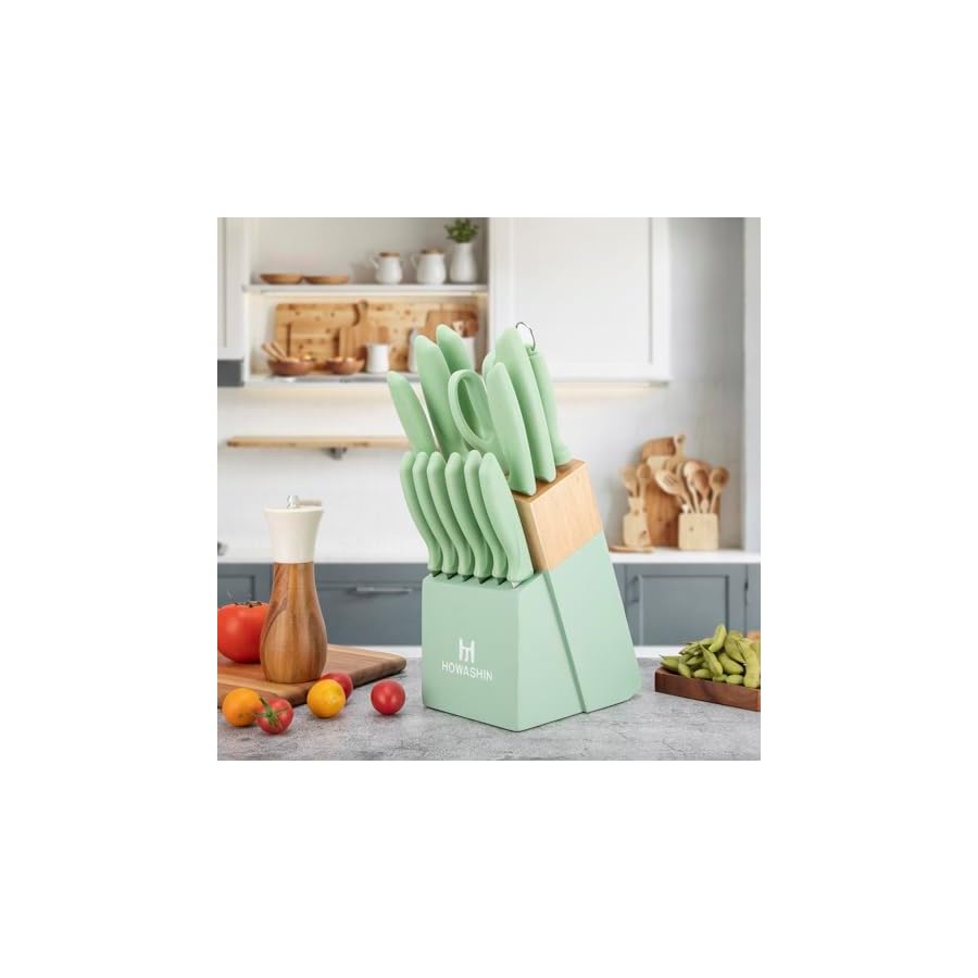 Knife Set With Block,Howashin14 Pieces Kitchen Knives Set With Block,High Carbon German Stainless Steel Knife Set With Sharpener Rod,Scissor and Peeler as A Gift,Green Knife Block Set