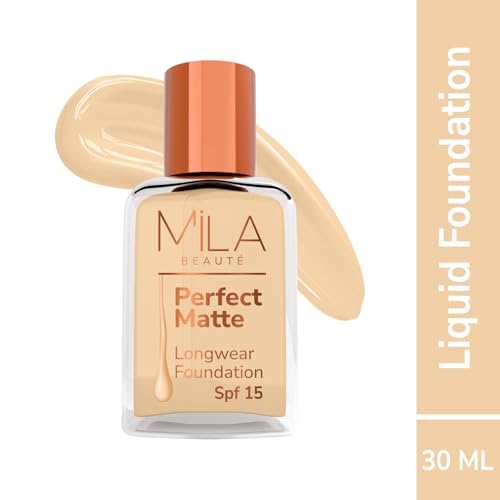 Image of Mila Beaute Perfect Matte Long Wear Foundation | High Coverage, Light Weight & Water Resistant I Oil Free Formula With SPF 15 & Vitamin E | Smooth Matte Finish | Keeps Skin Hydrated | Shade - (4 Skin, 30ml)
