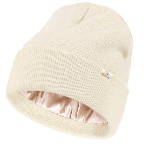 Satin Lined Beanie for Women Men Winter Silk Lined Hat Warm Knit Cuffed Beanies Hat Thickened Slouchy Skull Cap (US, Alpha, One Size, Beige)
