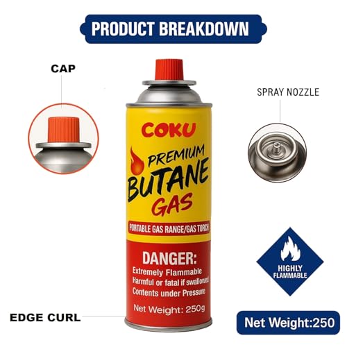 Image of Coku Butane Gas Refill Canisters 250g - Portable Butane Fuel for Camping Stove, Gas Burner, BBQ, Kitchen, Outdoor Cooking, Travel & Picnic - Compatible with Butane Gas Stove