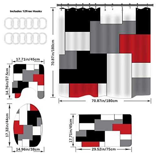 Yizheer Geometric Red Shower Curtain Sets With Non-Slip Rugs,Toilet Lid Cover And Bath Mat, Black And Gray Bathroom Decor Set Accessories Waterproof Shower Curtains #TOP3