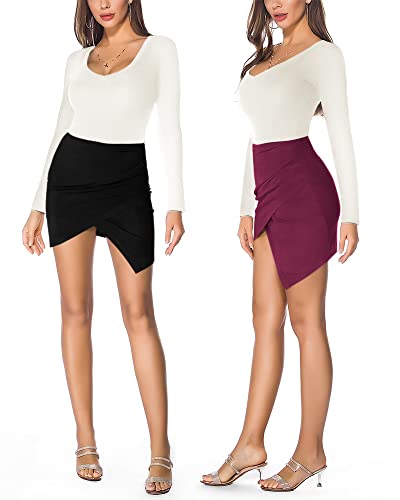 Image of MANGOPOP Women's Asymmetric Basic High Waist A-line Mini Pencil Skirt (A2 Wine Red （Asymmetrical）, XX-Large)