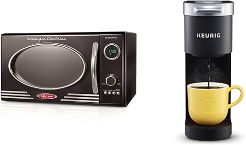 Nostalgia Horno microondas retro para encimera grande de 800 vatios 0.9 pies cúbicos 12 ajustes de cocción preprogramados cafetera negra y