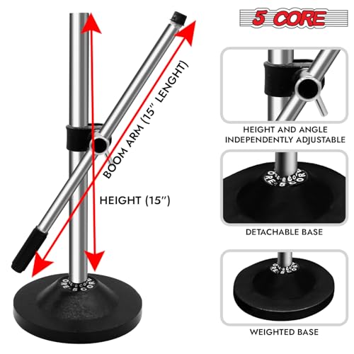 5 Core Mic Stand Desk Height Adjustable Height Extendable Boom Arm Table Microphone Holder w Round Base Metal Base - MS RBS CH IN