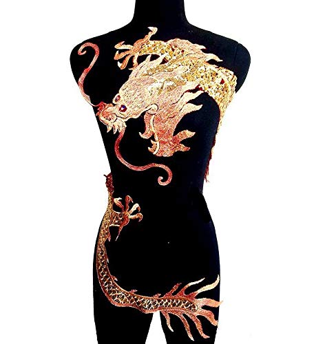 Big Dragon Gold Line Sequined Embroidery Patches Applique For Wedding Performing Clothes Evening Dress Diy Patches Size 120X60Cm (Head For Left) #TOP1