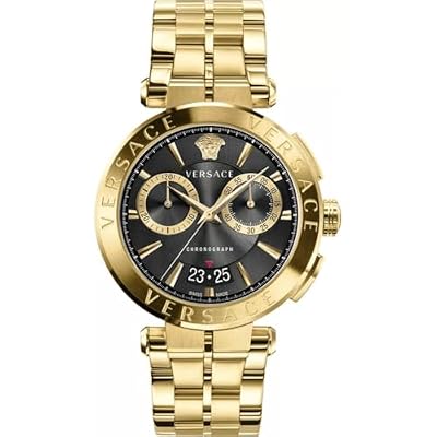 Versace - Orologio Da Polso Da Uomo Al Quarzo Moda Bracciale E Cassa In Acciaio Inox Di Colore Oro Quadrante Analogico Nero - VE1D02823