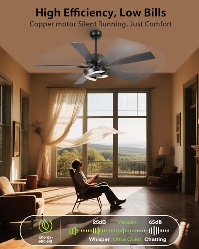 Image of Ceiling Fans with Lights and Remote - Creative Black 52 inch Ceiling Fan with Light, 3CCT, 6 Speeds, Dual-Sided Reversible 5 Blades Indoor Outdoor Modern Chandelier Fan for Bedroom Living Room
