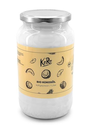 KoRo - Olio di cocco bio 1 litro - puro olio di cocco biologico extra vergine, per corpo, capelli e uso alimentare, senza zucchero, naturale e idratante