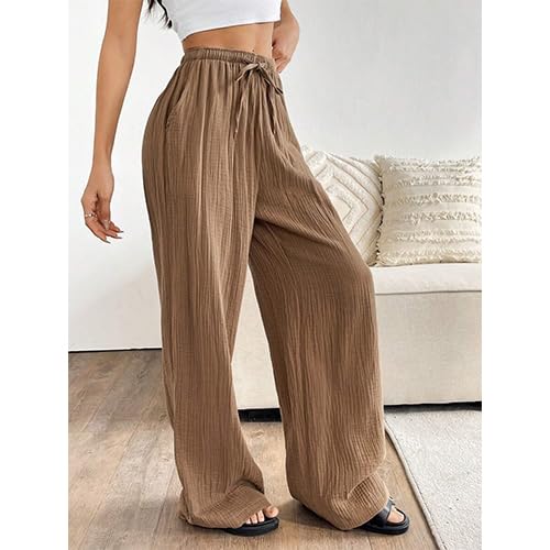 Women High Waisted Crinkle Straight Wide Leg Loose Casual Long Pants 5
