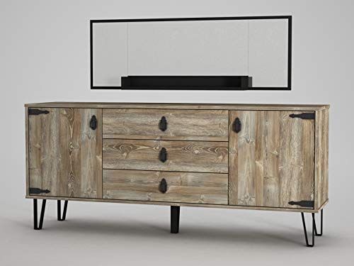 Alphamoebel 4609 Costa modernes Sideboard mit Spiegel Highboard Anrichte, Holz, Eiche Braun, 3 Schubladen 2 Türen, viel Stauraum, Ablagefächer, 180 x 78 x 45 cm