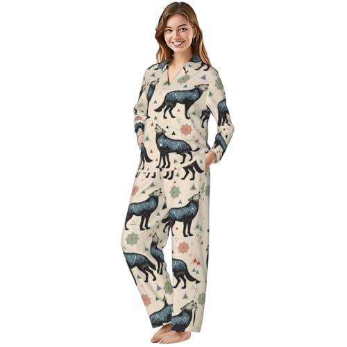 Image of Women'S Long Sleeve Pajama Set Soft Loungewear Button-Down Top & Elastic Waist Pants S- 2XL
